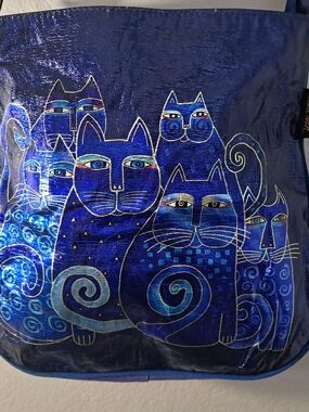 Laurel Burch Metallic Blue Cat Pattern Crossbody Tote Bag Purse